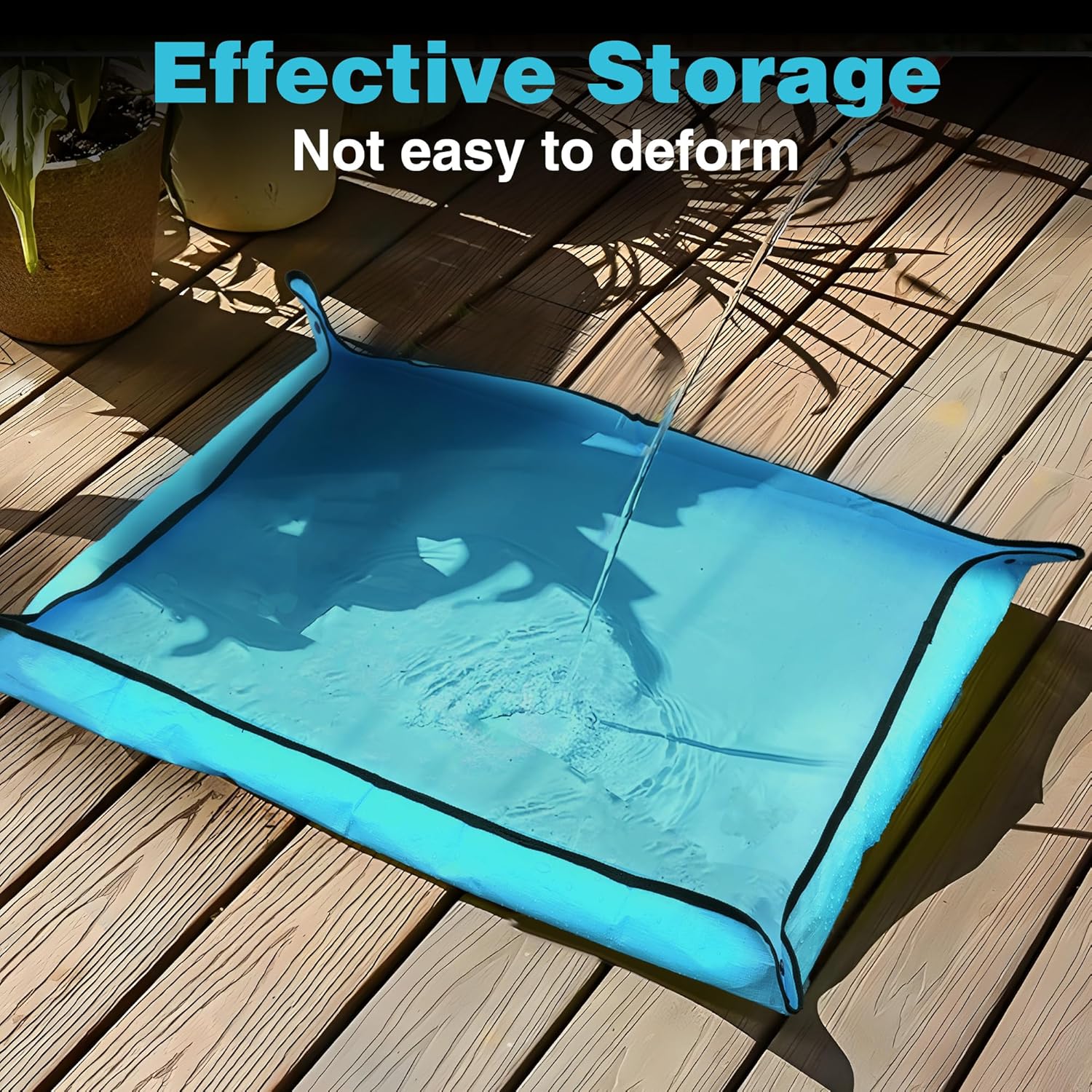 Turquoise waterproof repotting mat laid flat on wood deck with secure raised border