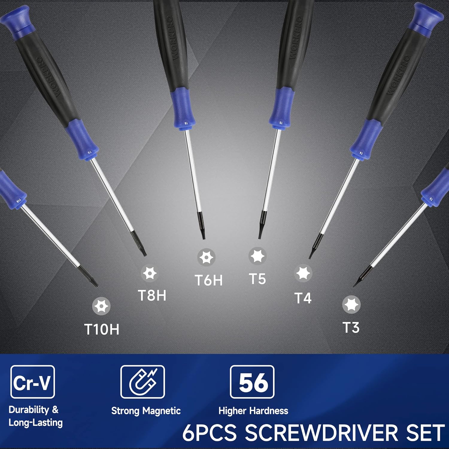 Torx magnetic screwdriver set showing T3, T4, T5, T6H, T8H, T10H bits on handles