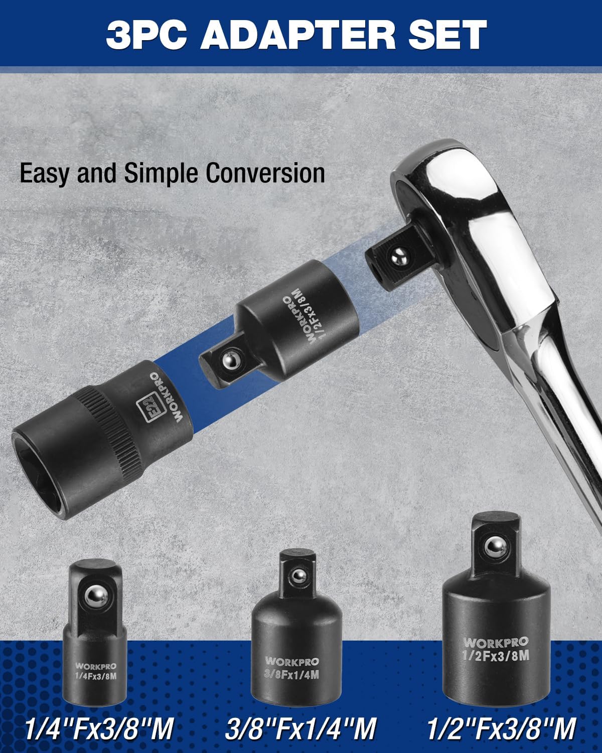 Black E-Torx adapter set with 1/4" and 3/8" drive converters for sockets