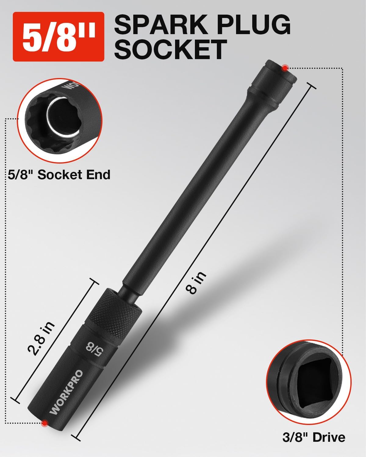 Black 5/8 in spark plug socket with 3/8 in drive and recessed socket end