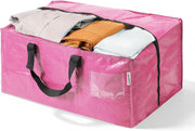 Pink heavy-duty moving storage bag with zippered top and black carrying handles.