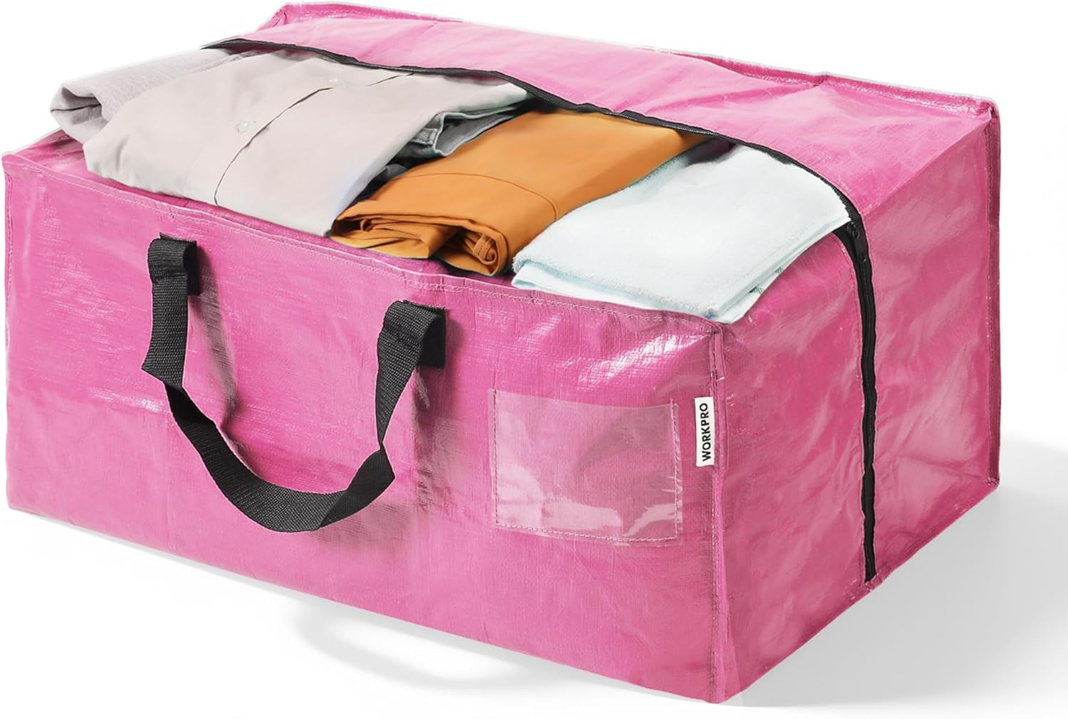 Pink heavy-duty moving storage bag with zippered top and black carrying handles.