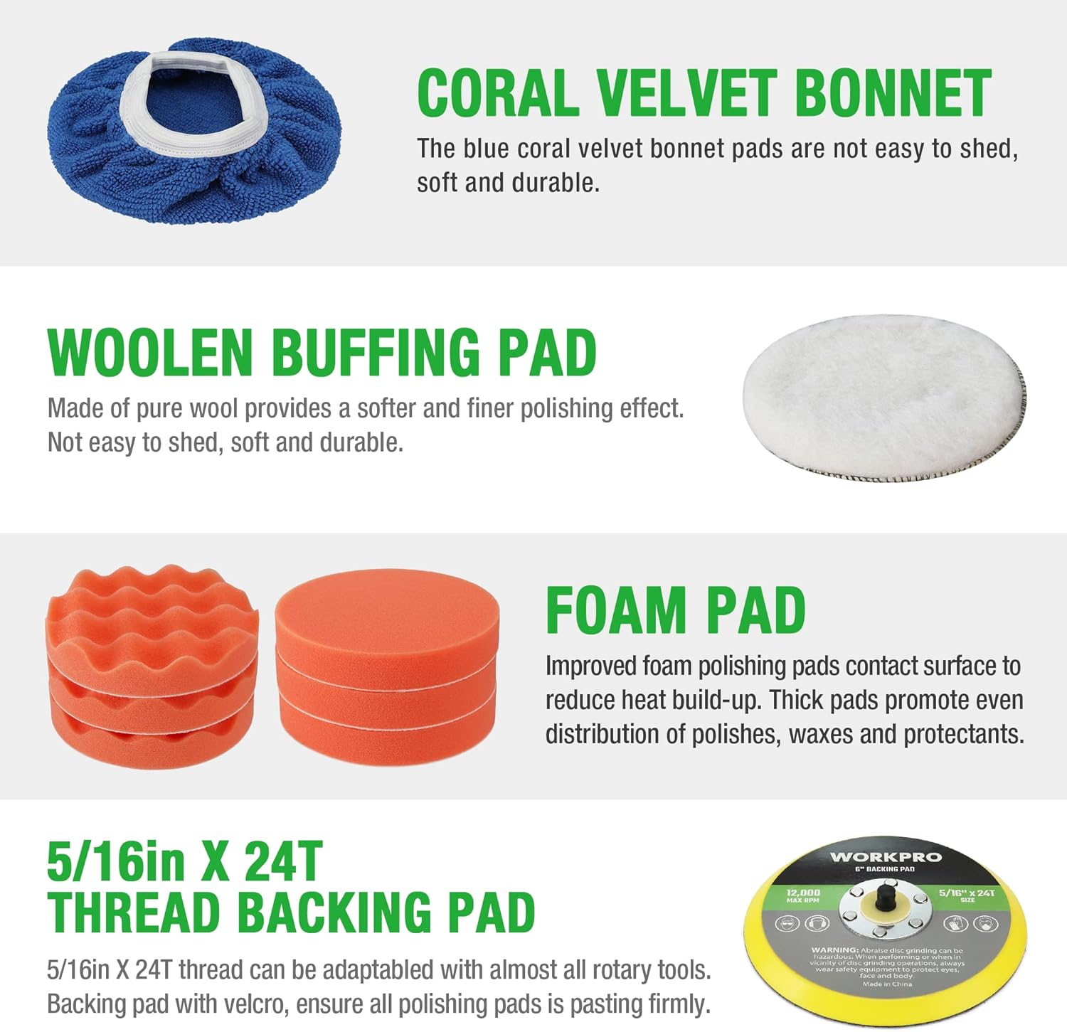 Polishing pad set: coral velvet bonnet, wool buffing pad, foam pads, and 5/16in x 24T backing pad
