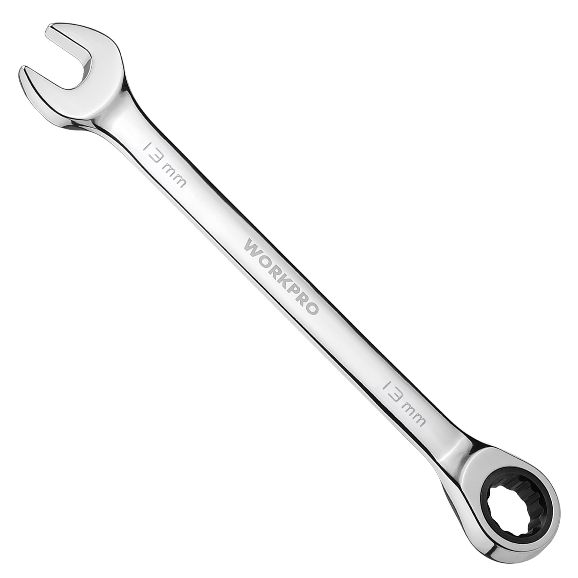 Polished chrome ratcheting box-end wrench with size markings and black socket insert