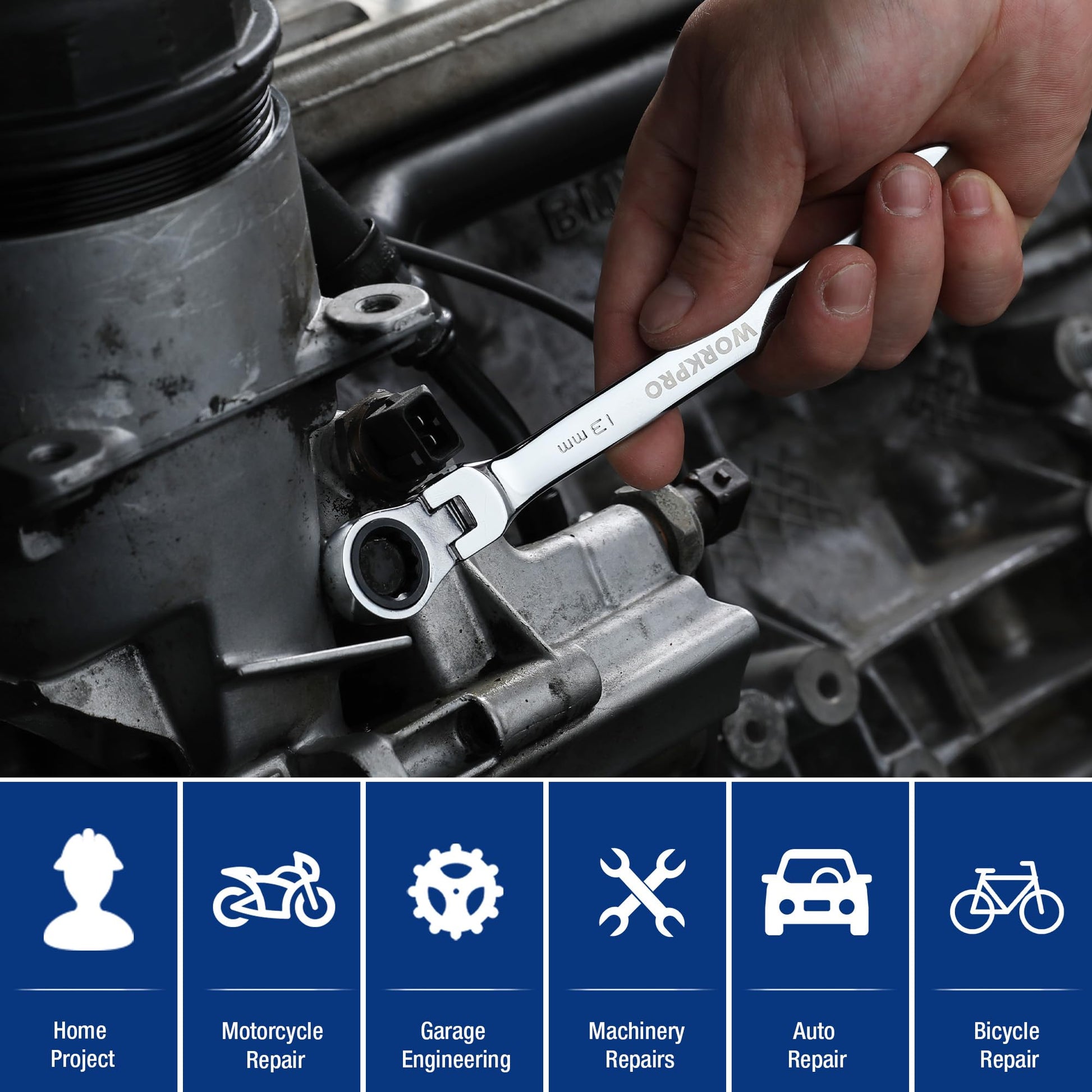Ratcheting wrench tightening fasteners in a vehicle engine compartment