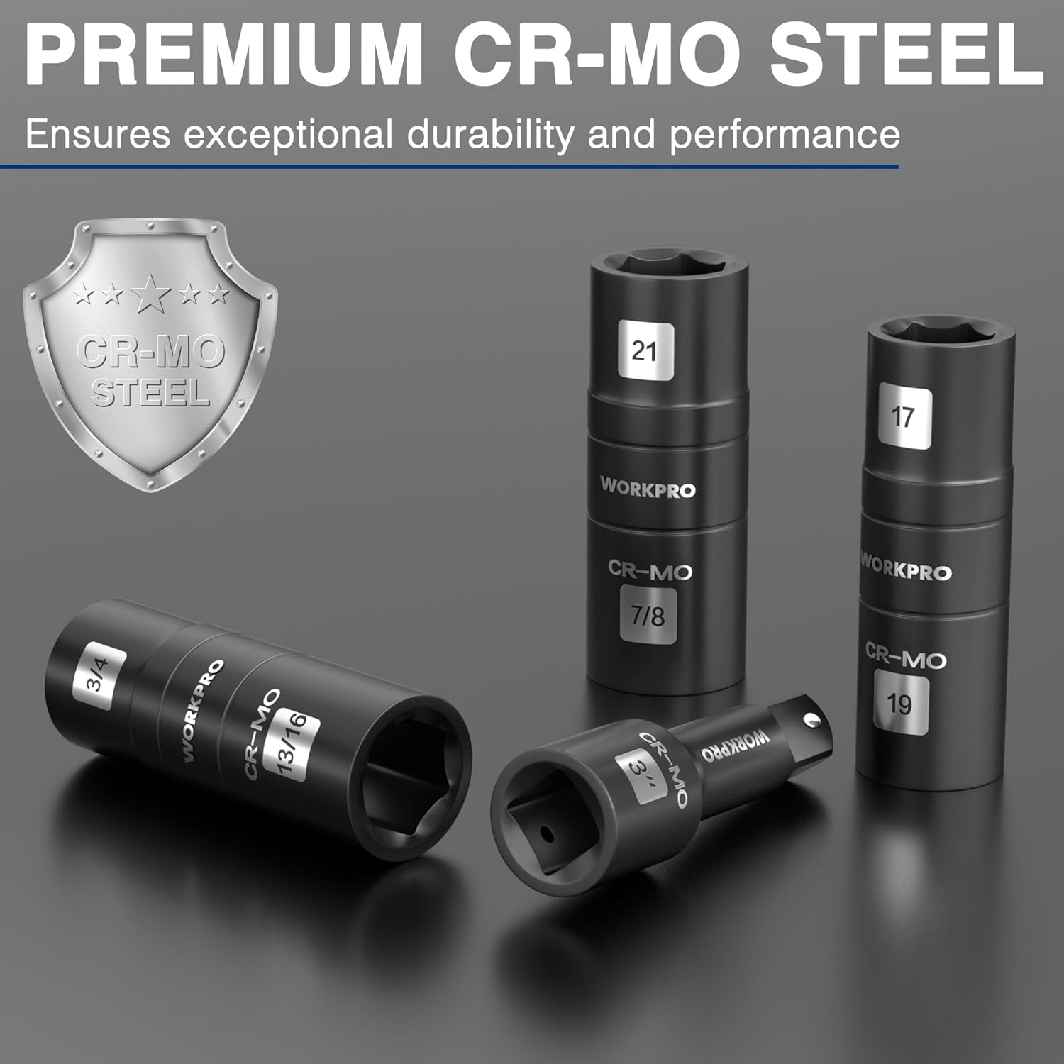 WORKPRO CR-Mo steel impact sockets with labeled 21, 17, and 19 sizes
