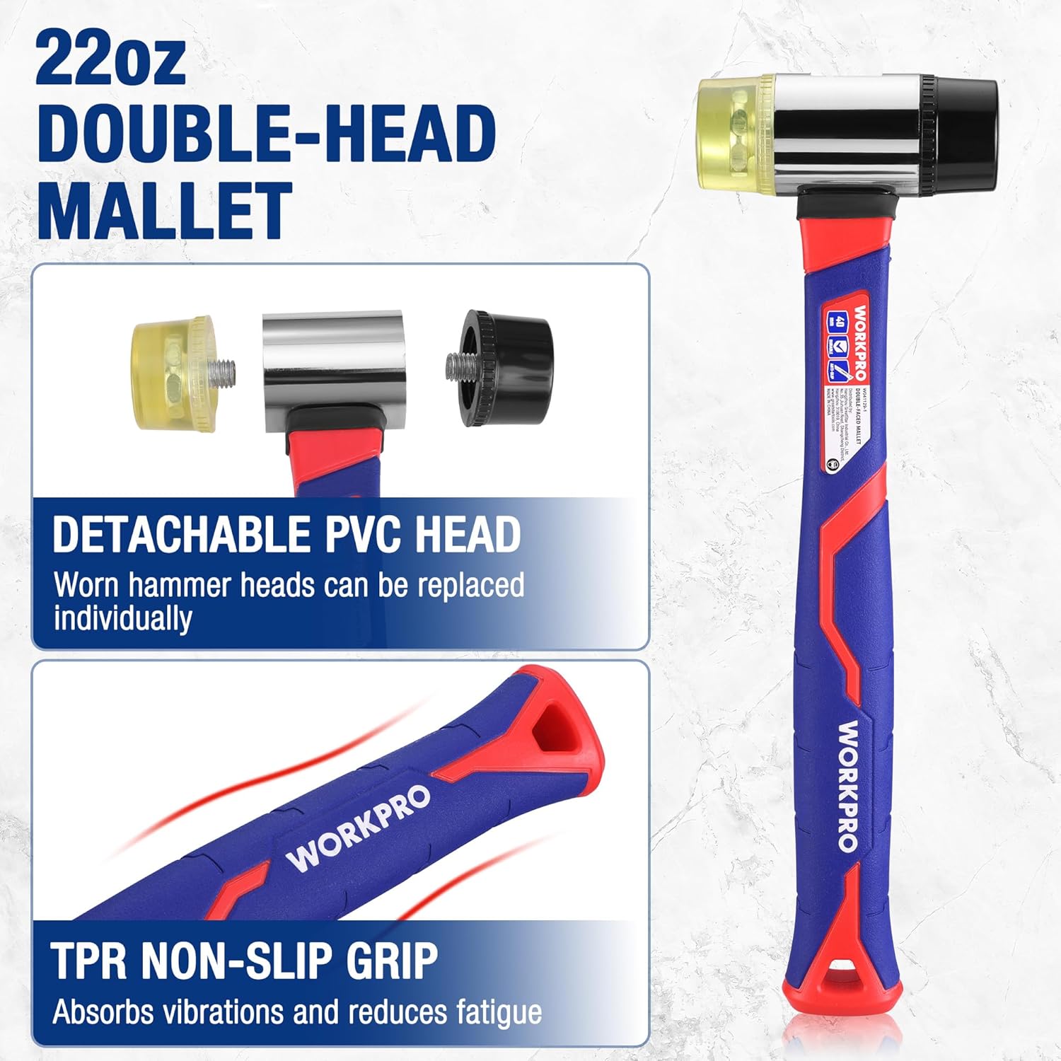 WORKPRO double-head mallet with detachable PVC heads and TPR non-slip grip