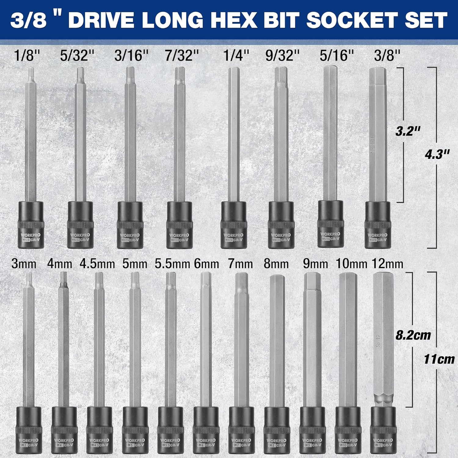 Long hex bit socket set showing multiple long bits and socket sizes, gray finish