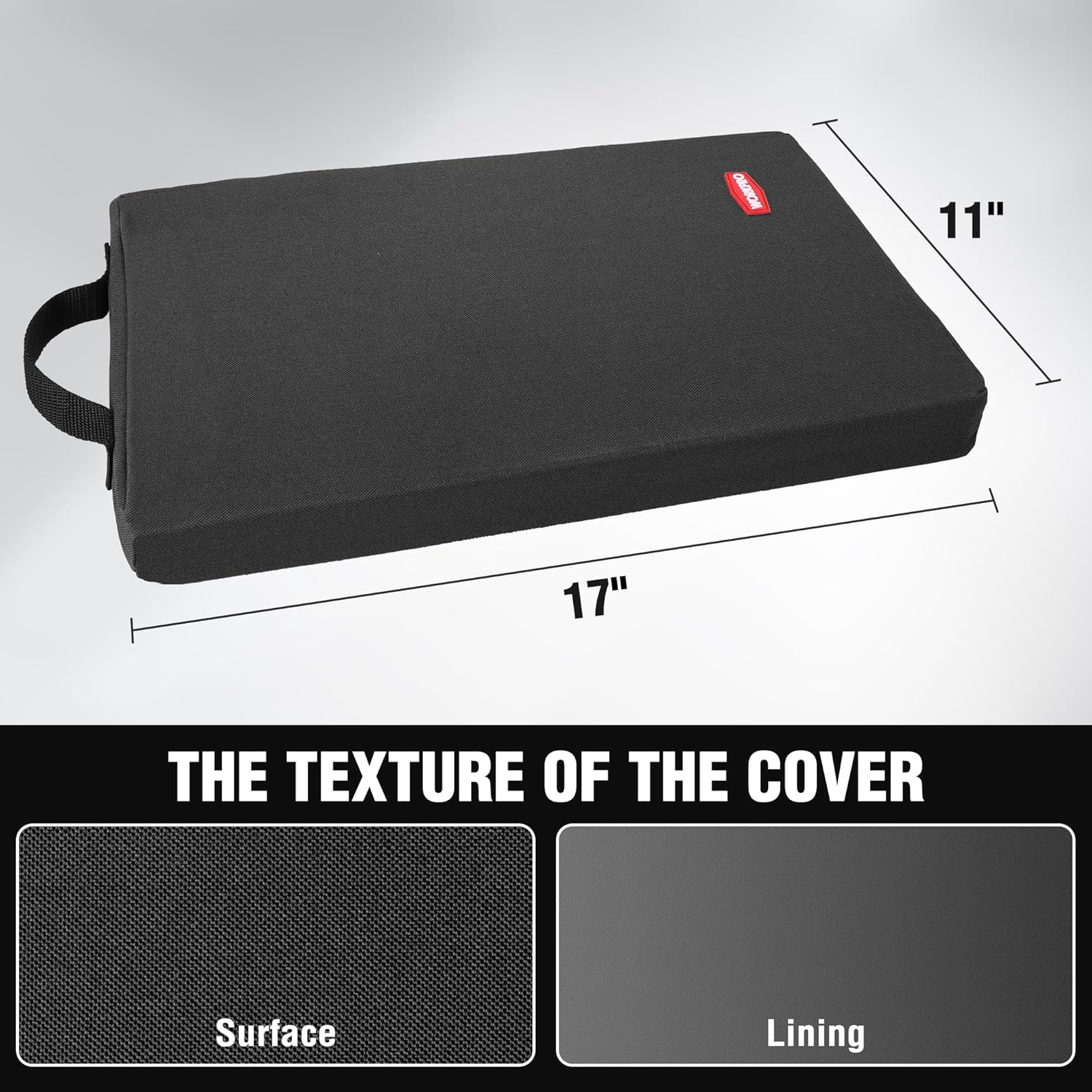 Black kneeling pad cover with handle; size marked 17-inch wide and 11-inch deep