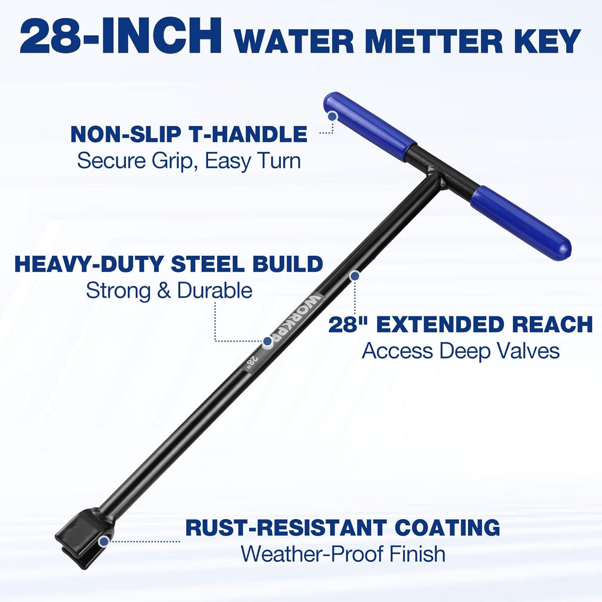 28-inch water meter key with blue grip, rust-resistant finish, and T-handle