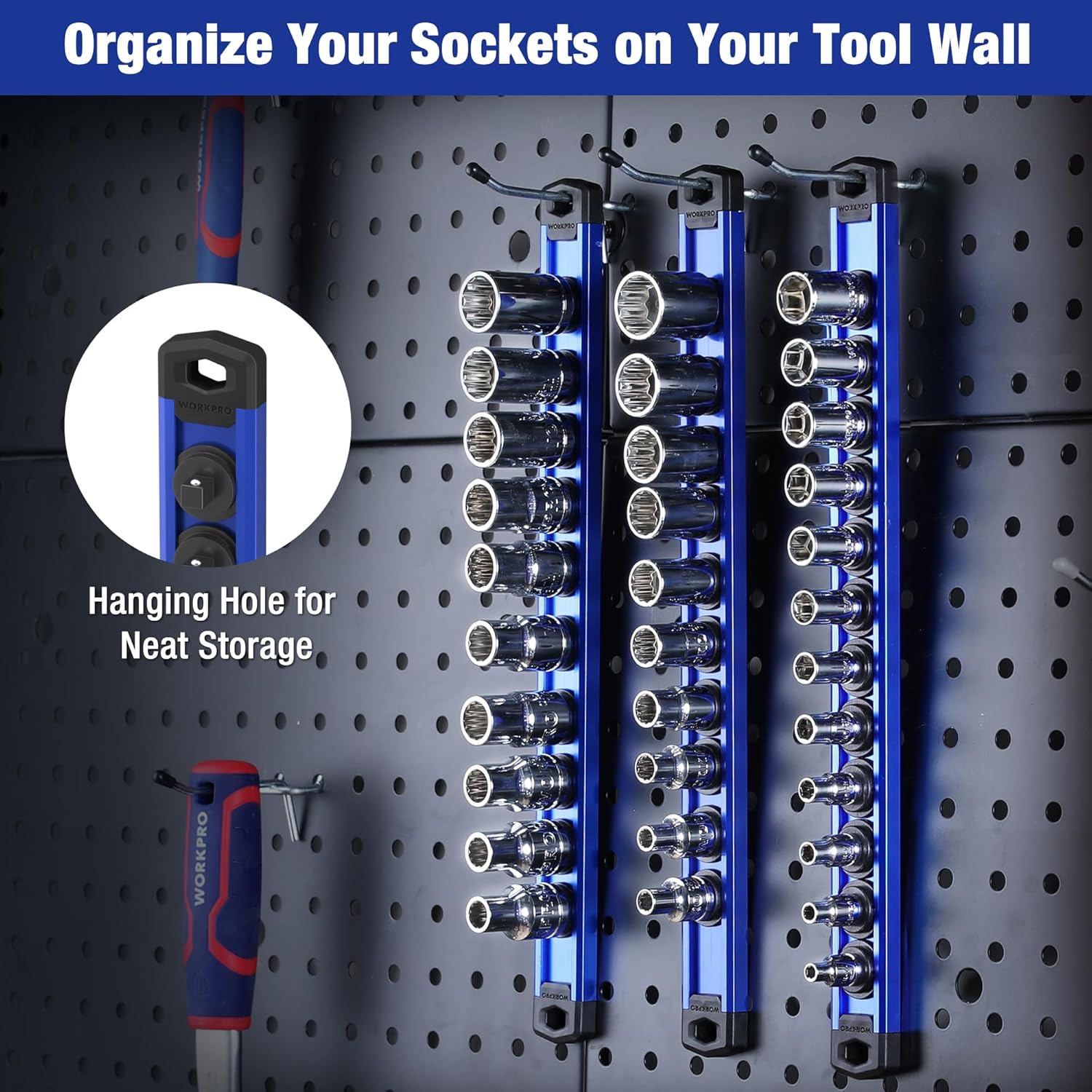 Blue magnetic socket rail kit with hanging holes for tool wall storage