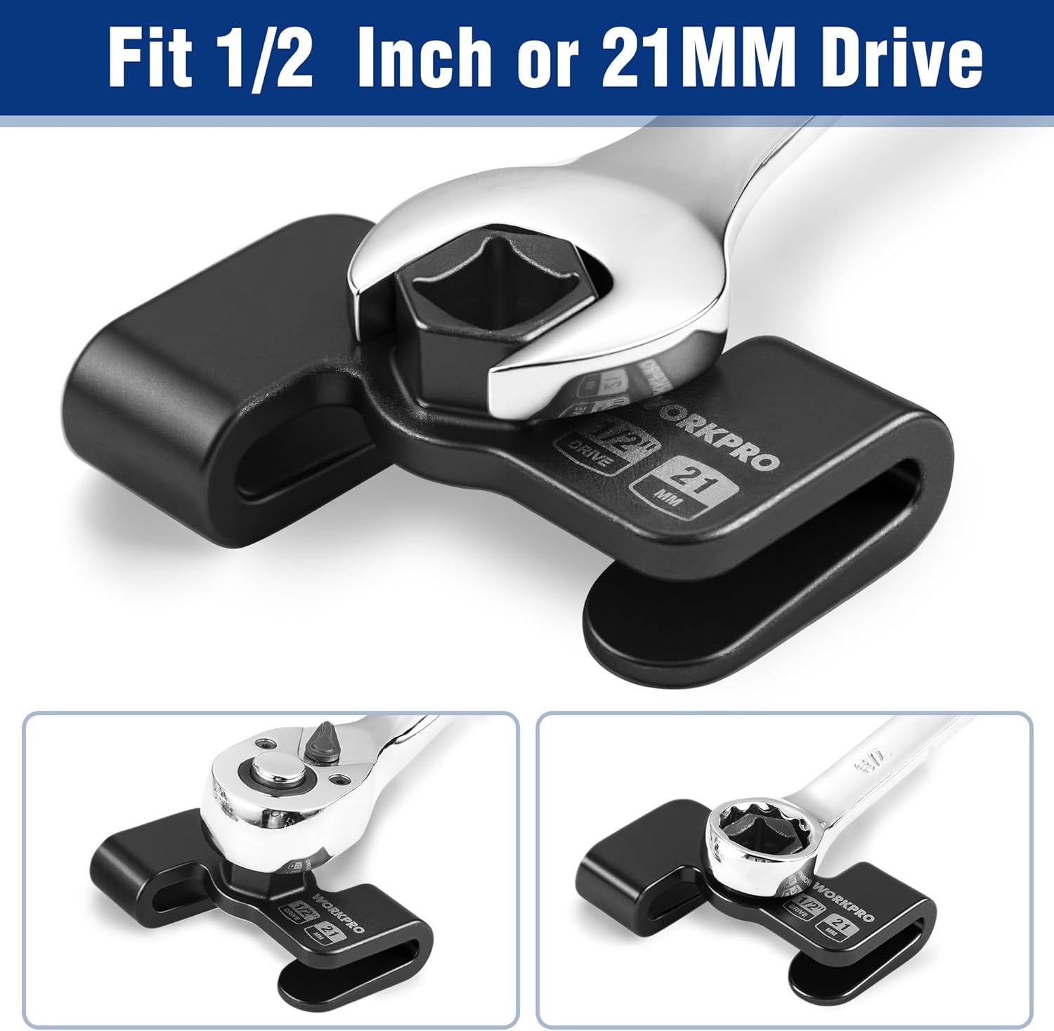 Black WORKPRO wrench extender with 1/2 in drive and 21 mm hex socket, angled view.
