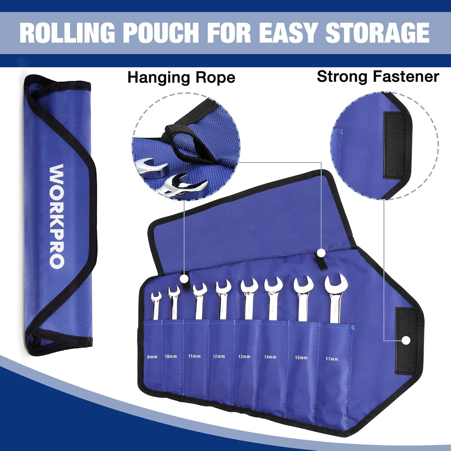 Blue roll-up pouch with straps for storing eight metric ratcheting combination wrenches