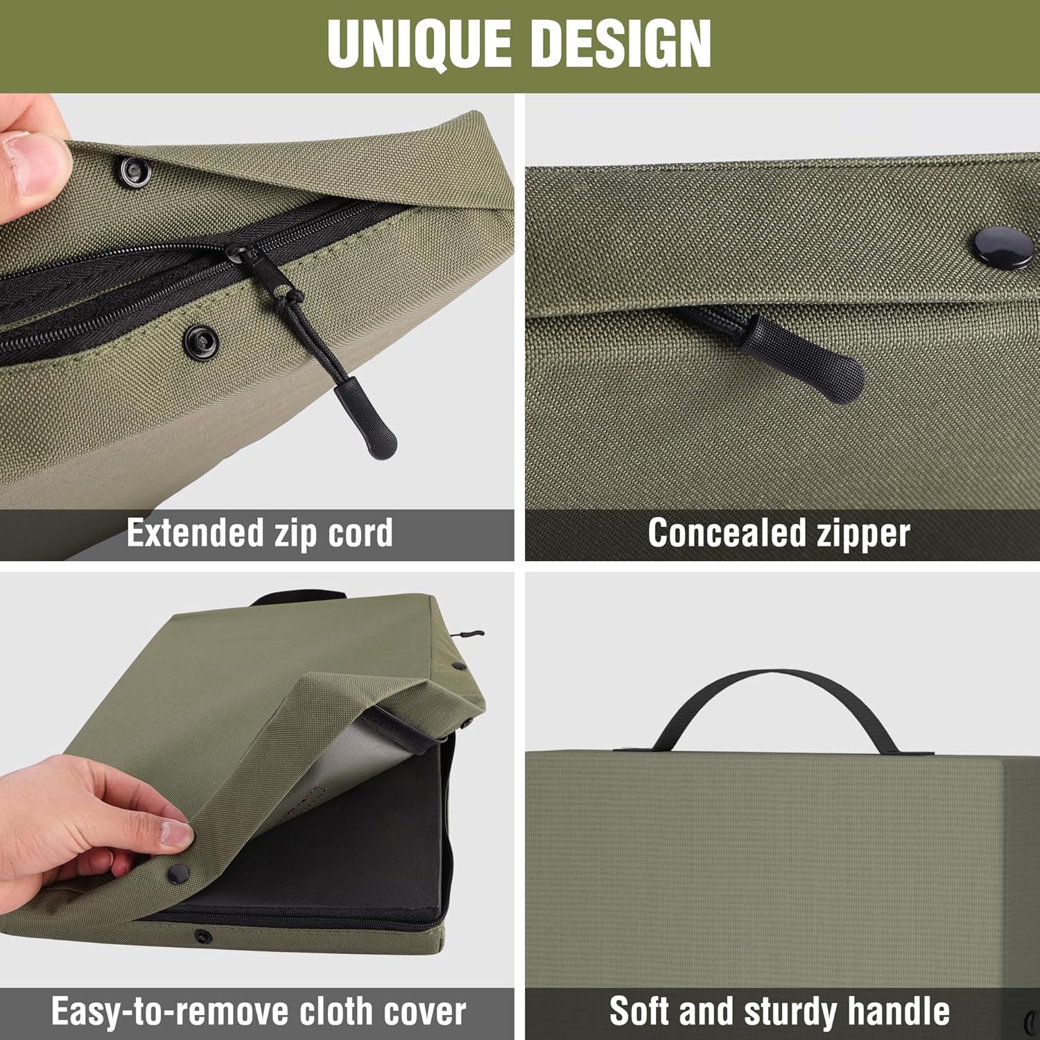Green kneeling pad with concealed zipper, extended zip cord, and removable cloth cover.