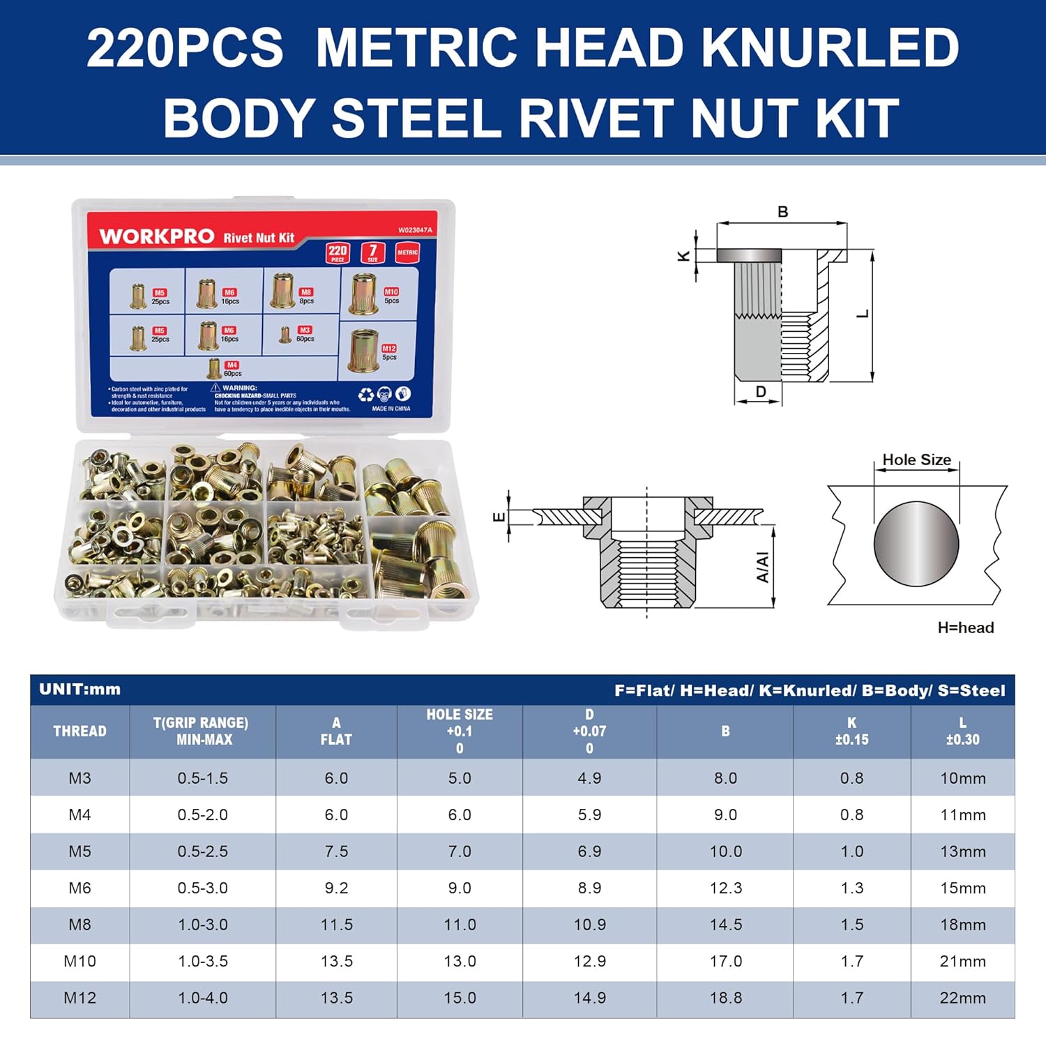 220-piece metric steel rivet nut kit with knurled body and flat head, zinc plated