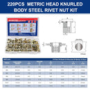 WORKPRO 220Pcs Metric Rivet Nuts, Zinc Plated Carbon Steel Flat Head Threaded Insert Nut with Knurled Body, Include Storage Case, 7 Sizes Rivnuts Assortment Kit-M3, M4, M5, M6, M8, M10, M12