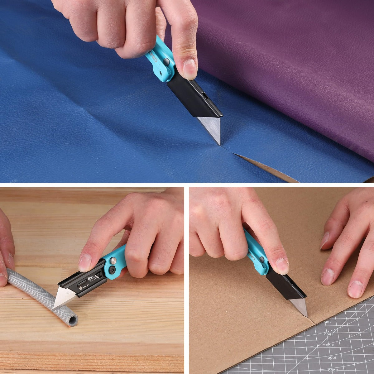 WORKPRO folding utility knife used to cut cardboard, teal blue handle and black blade