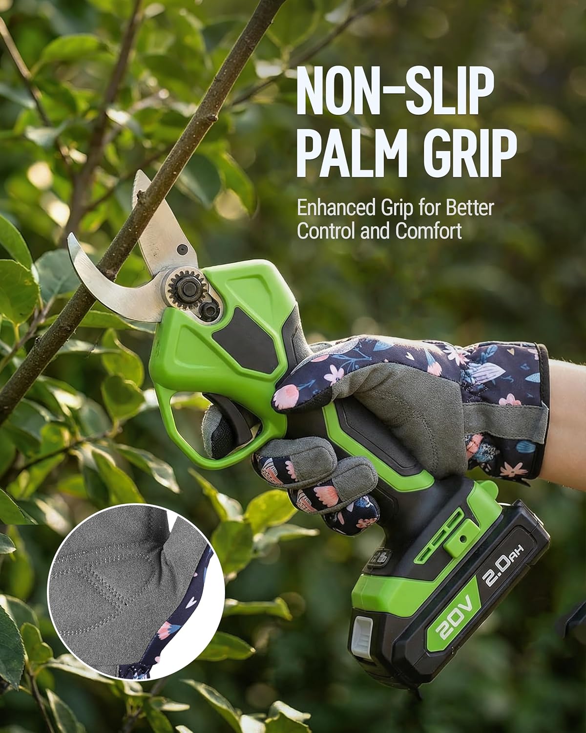 Non-slip palm grip floral gardening gloves with textured gray anti-slip pads.