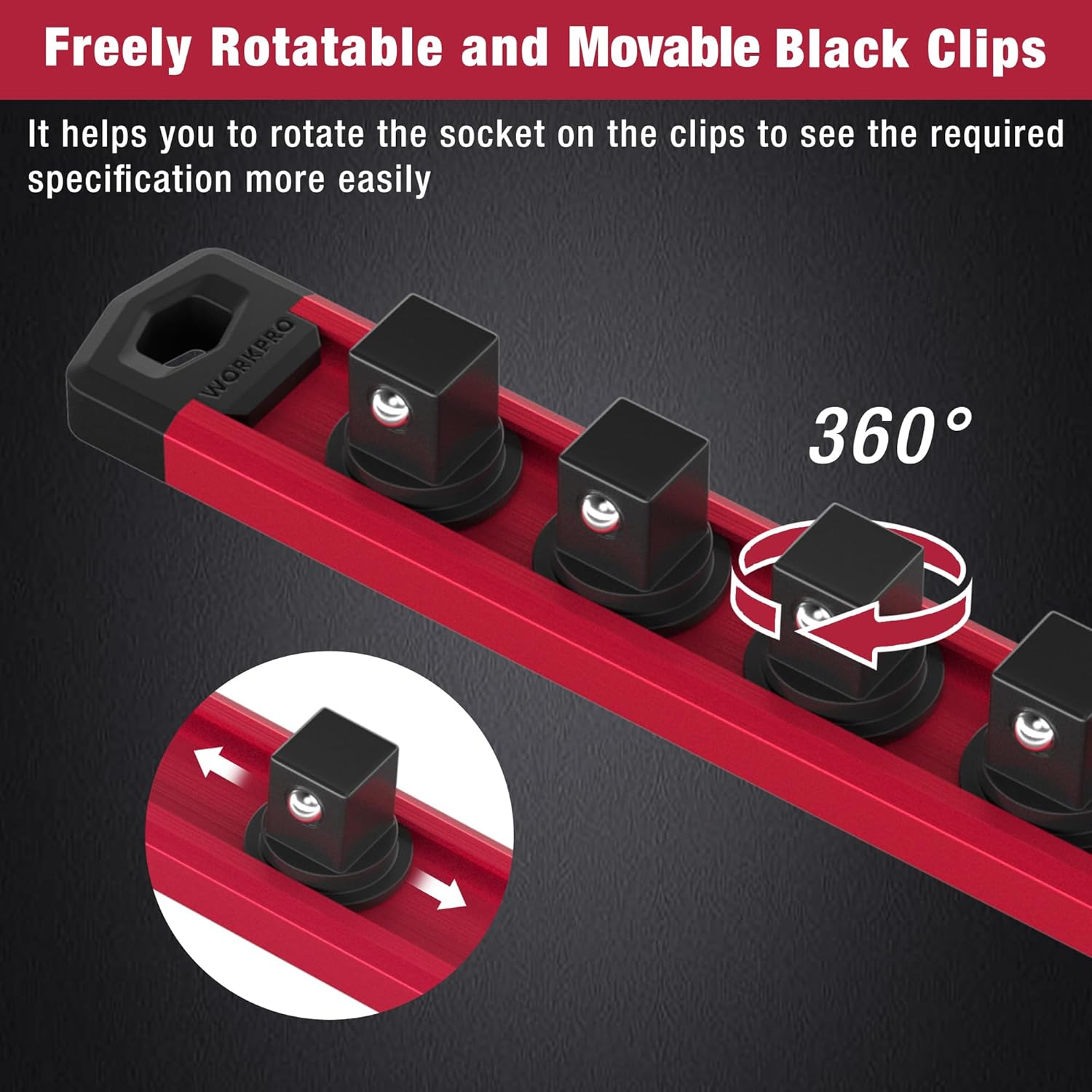 Red socket rail with black rotatable clip holders for sockets, shown at an angle
