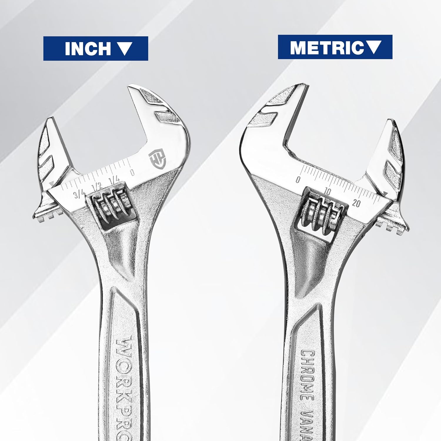 Adjustable wrench showing inch and metric markings on the jaw scale