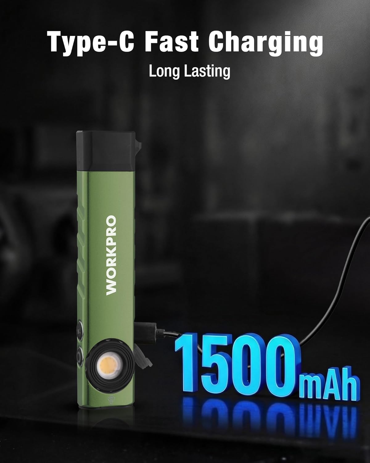 Green rechargeable flashlight with Type-C fast charging cable and front LED lens