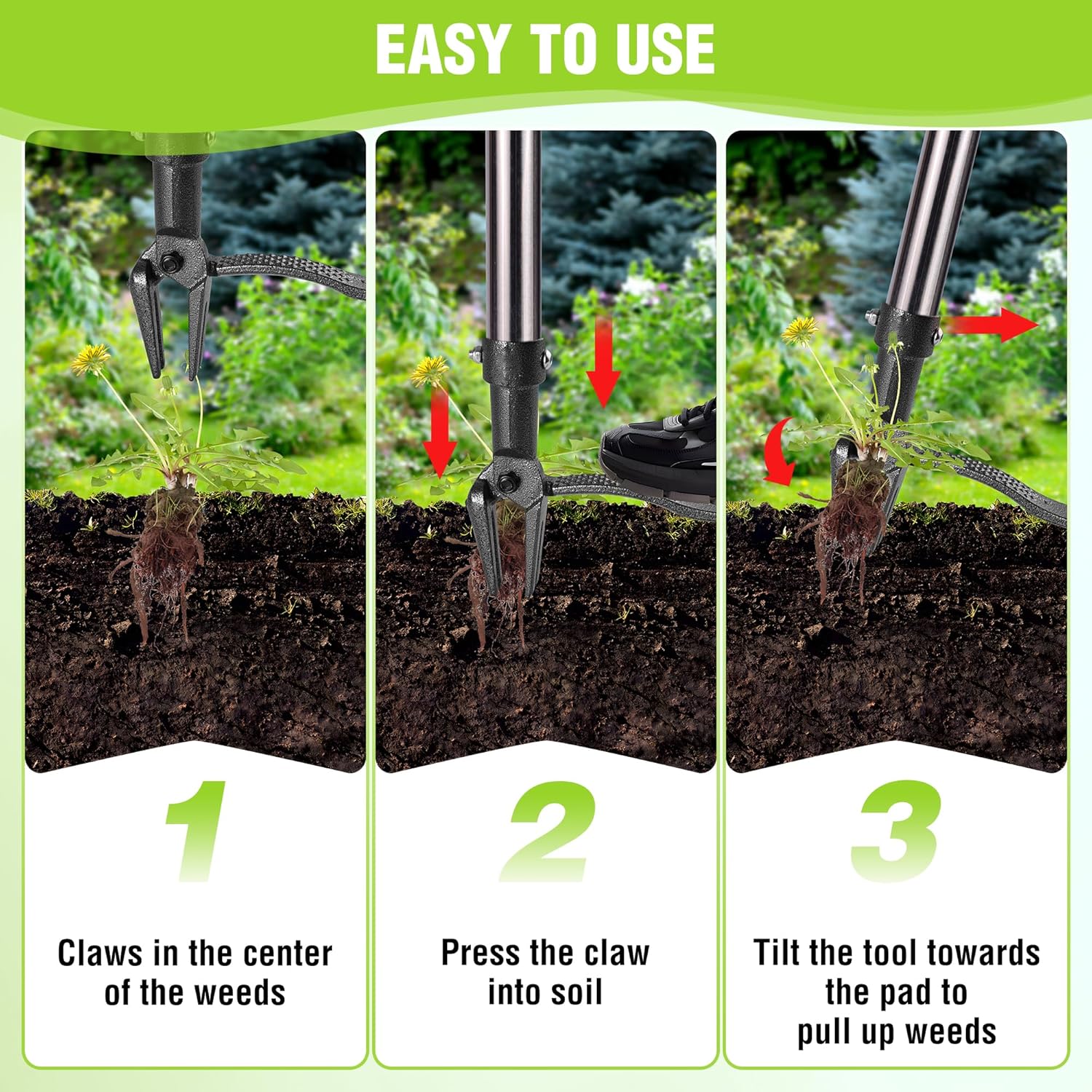 Weed puller tool head pressing into soil with 4 claws for root removal