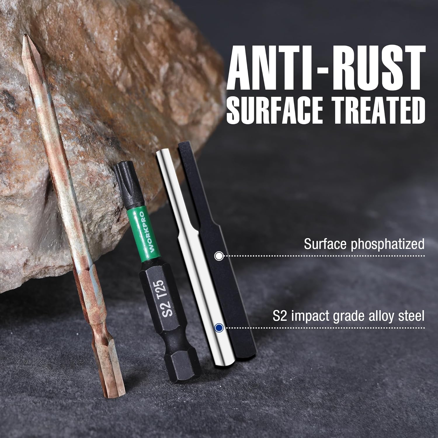 T25 Torx impact bits with anti-rust treated surfaces, S2 steel and green collars