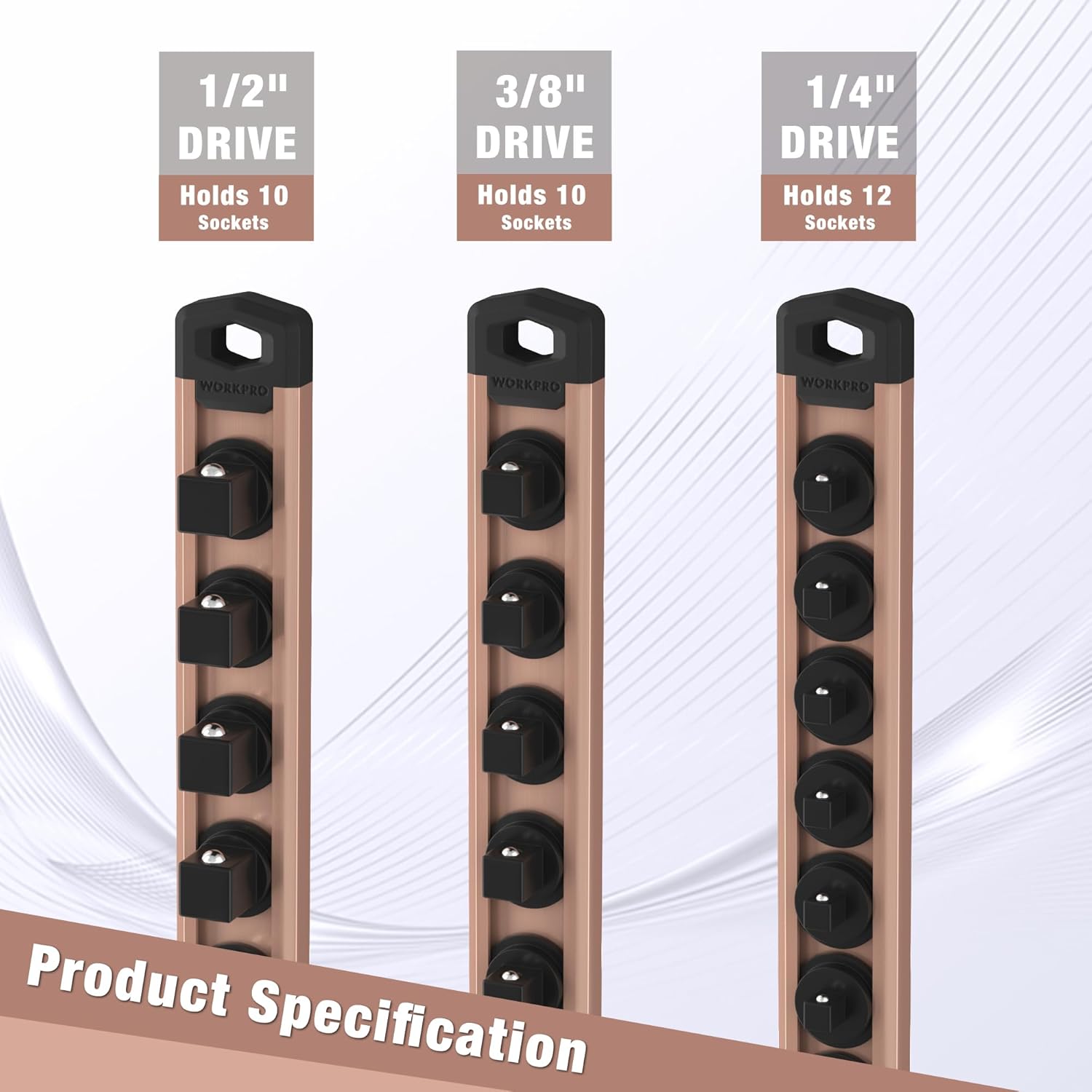 Magnetic socket rack set with 1/2-, 3/8-, and 1/4-inch drive rows of clip holders