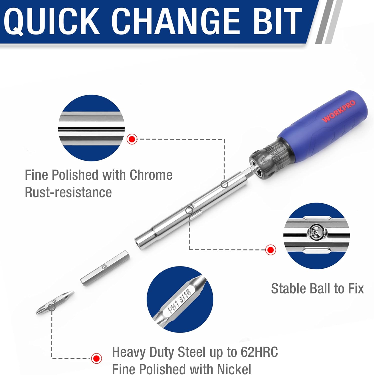 Blue-handled quick change screwdriver with chrome shaft and removable bit tips