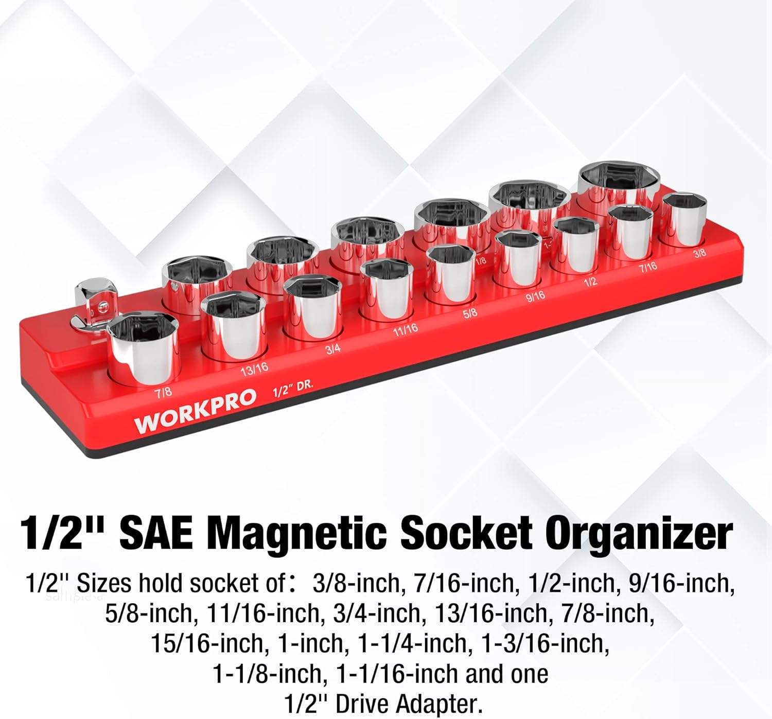 Red 1/2-inch drive magnetic socket organizer with 16 chrome socket holders