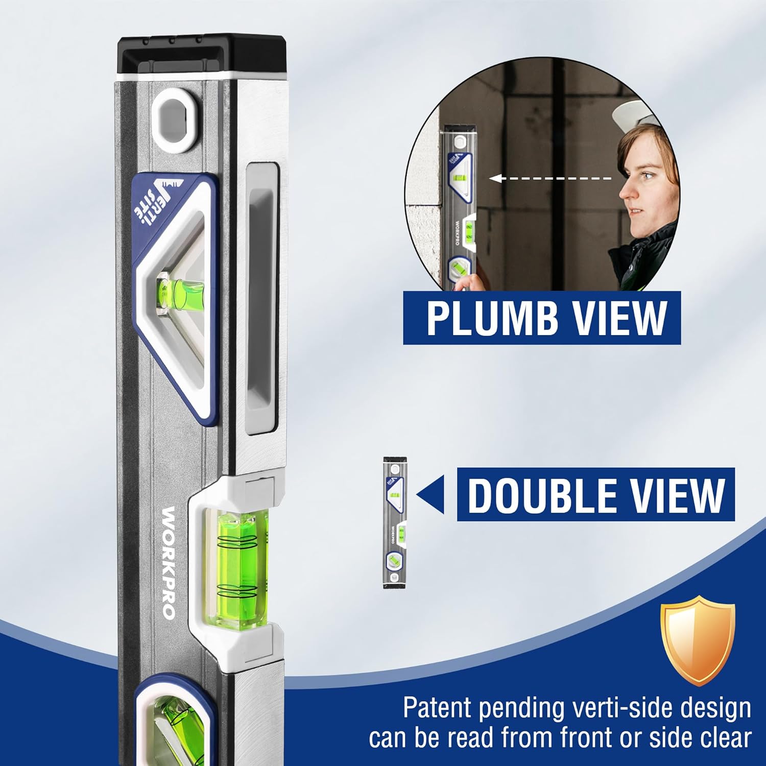 WORKPRO torpedo level side view with magnified bubble vial and shock-absorbing end caps