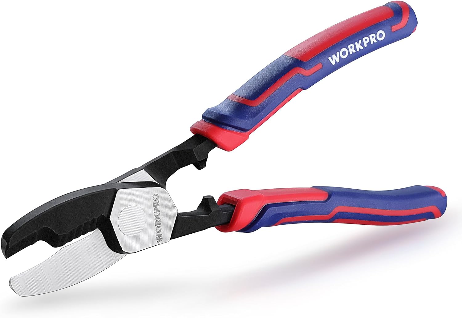 Side view cable cutter with open jaws, silver blades, and red/blue non-slip handles.