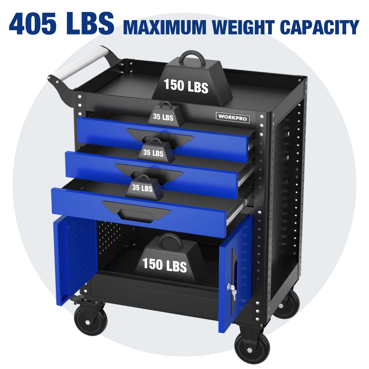 WORKPRO rolling tool chest with blue drawers and open cabinet, showing weight capacity labels