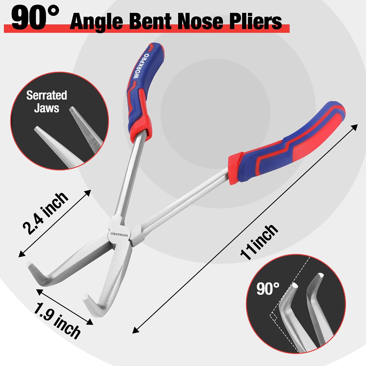 90° angle bent needle nose pliers with serrated jaws and blue/red comfort grips