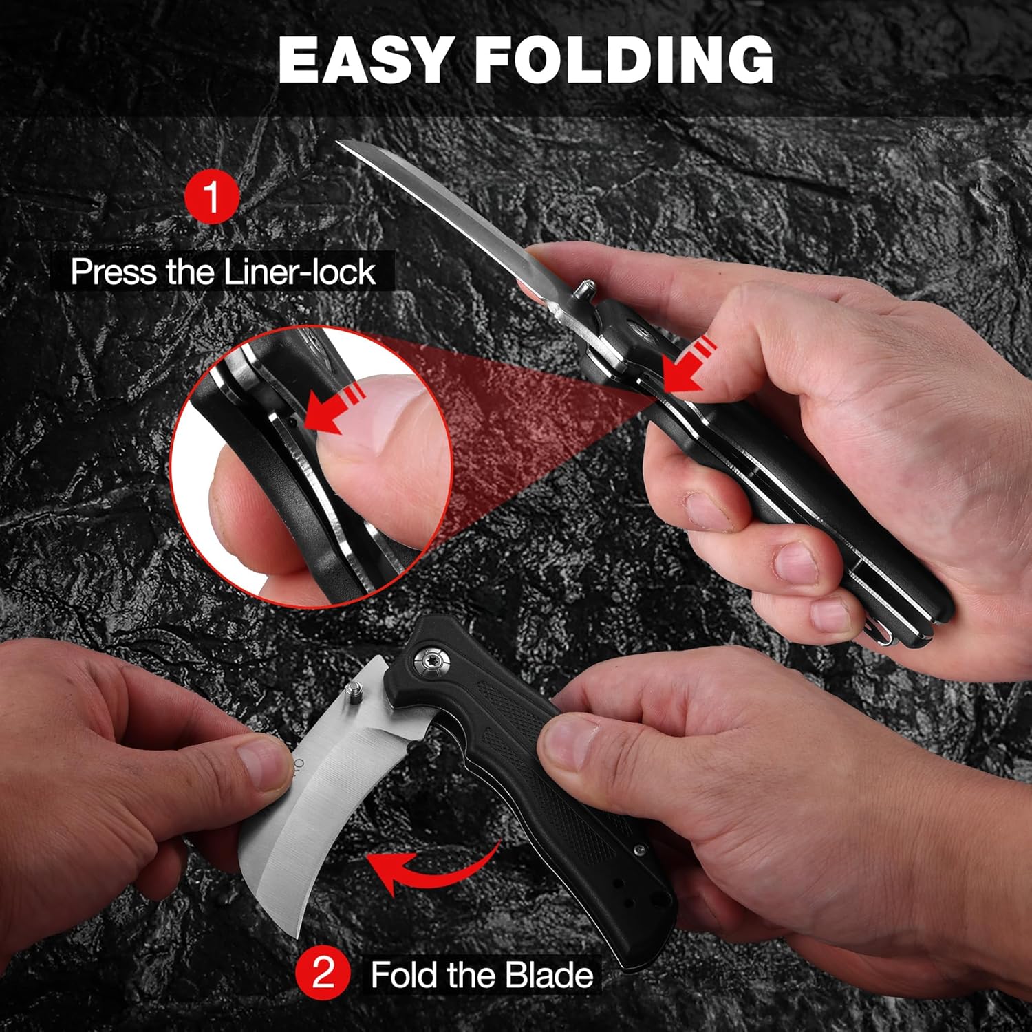 WORKPRO easy-fold folding knife showing liner-lock mechanism and hawkbill blade.