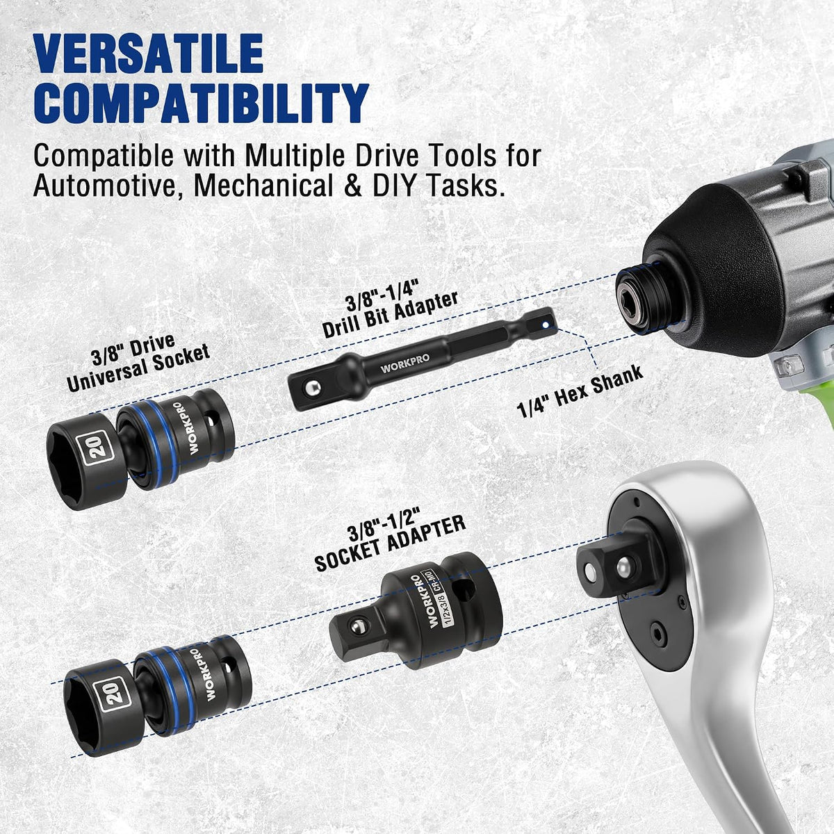 WORKPRO 19-Piece 3/8＂ Dr. Universal Impact Socket Set, Metric
