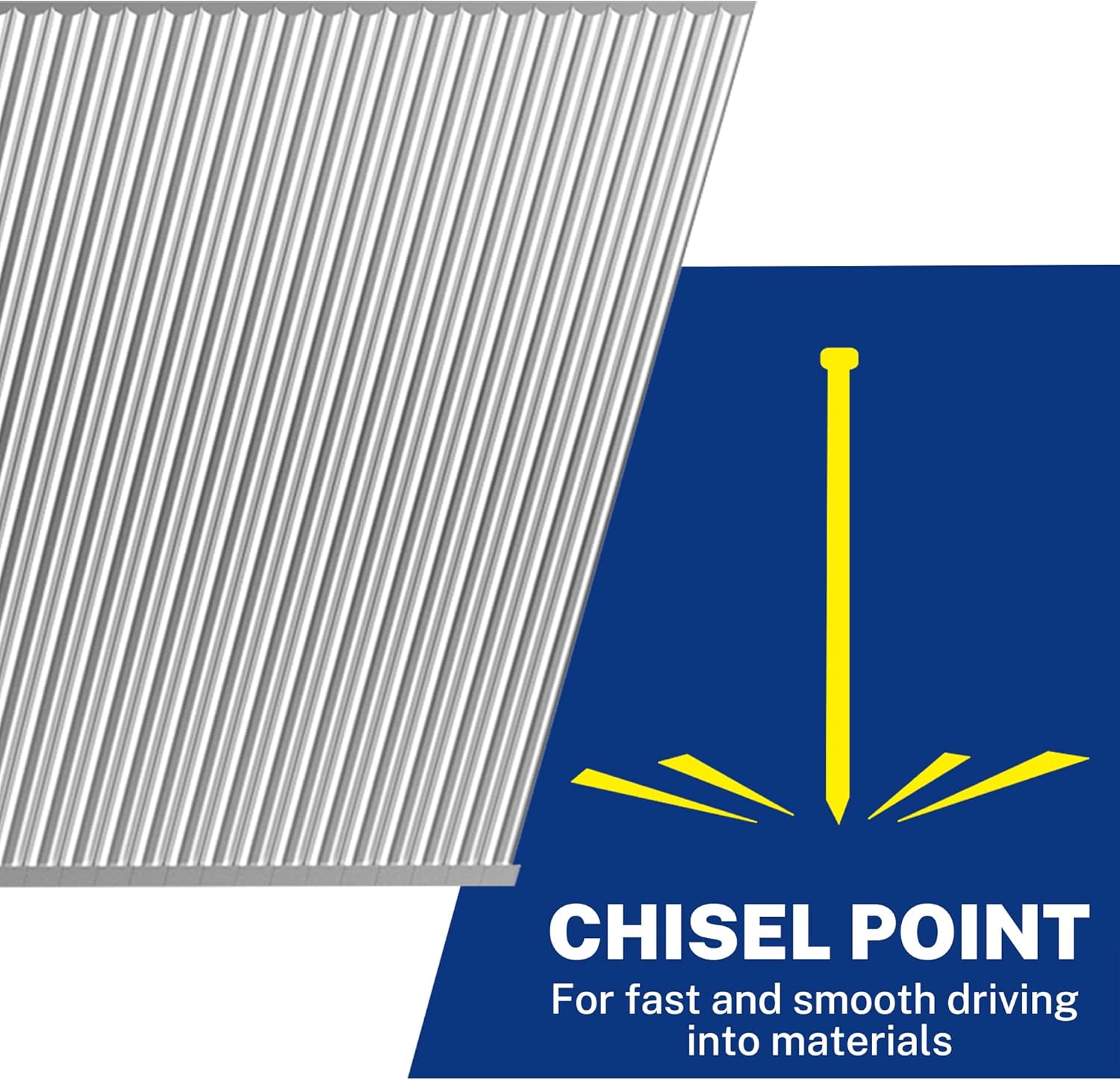 Galvanized brad nails in staggered strips with chisel point tips