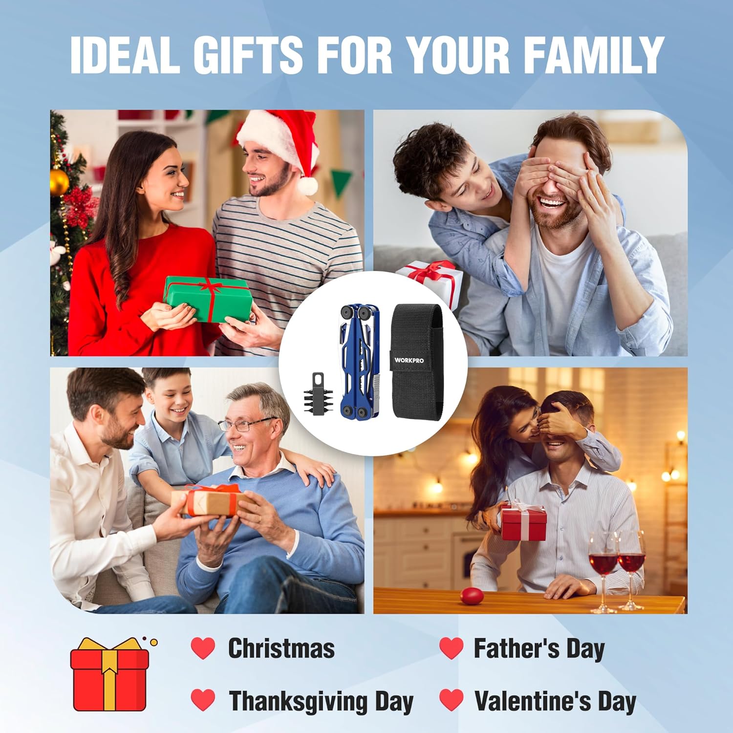 Blue 24-in-1 multitool with pocket knife, black sheath, and accessory bits gift set