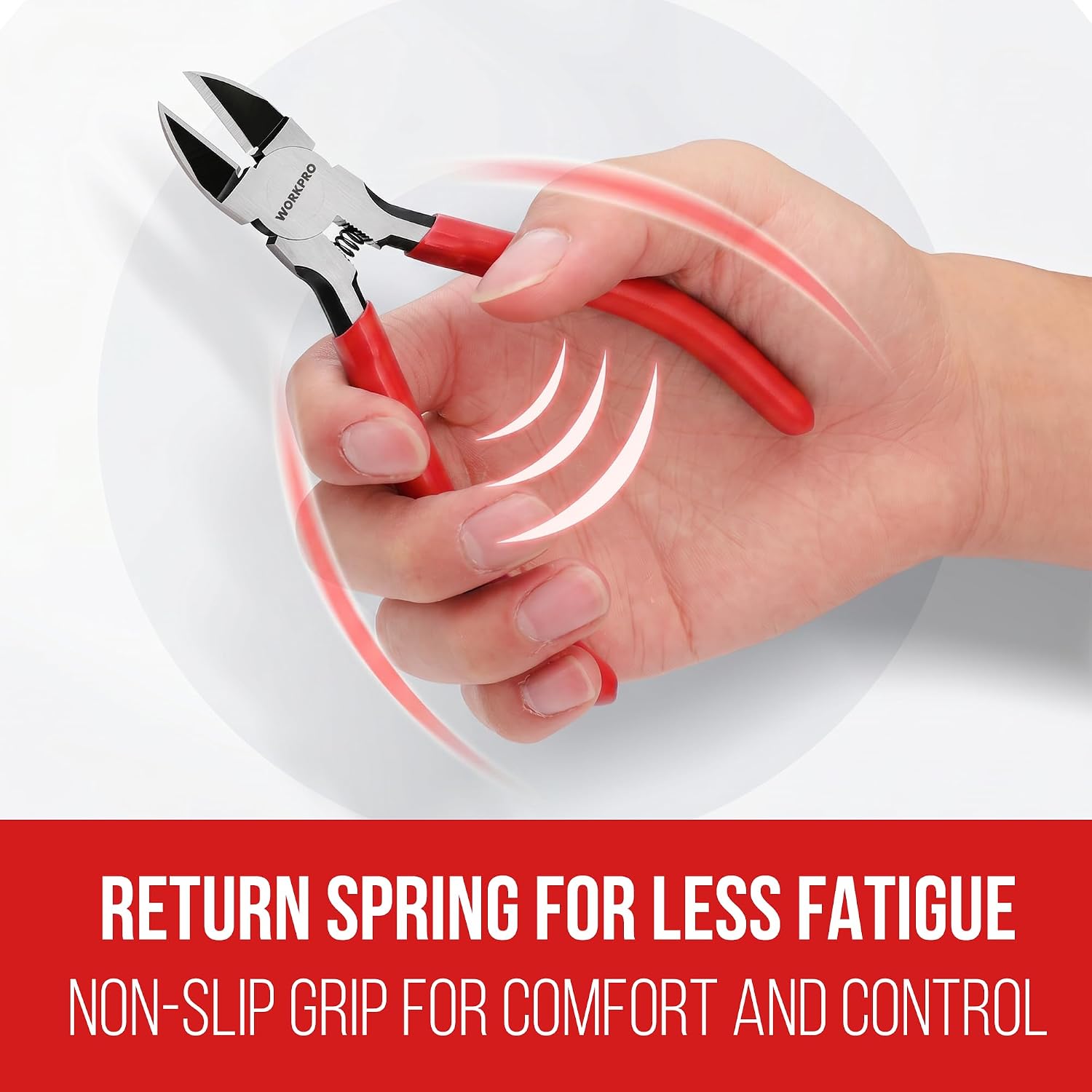 WORKPRO wire cutters with non-slip red grip handles, held in a hand for cutting