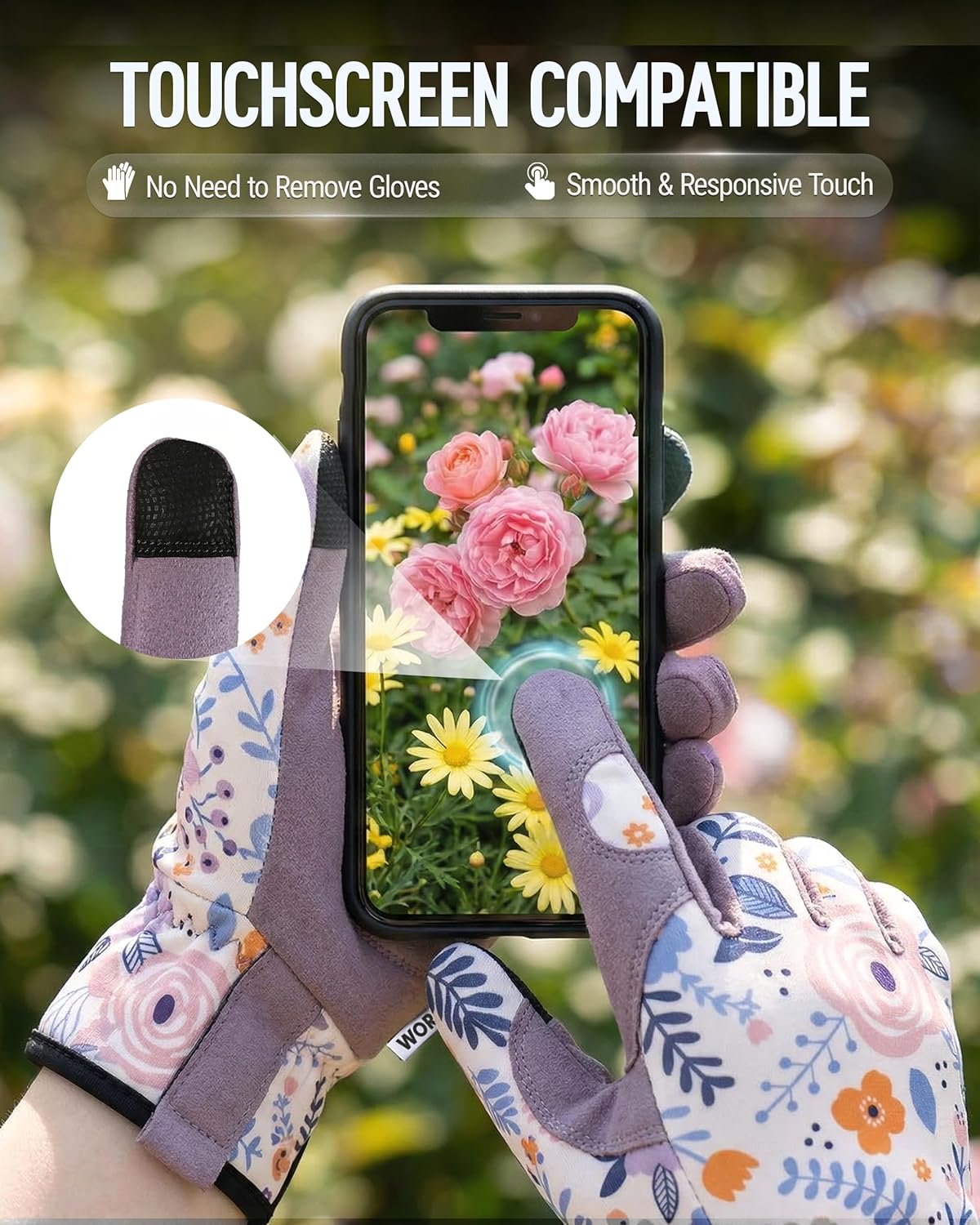 Touchscreen-compatible floral gardening gloves with purple thumb and palm