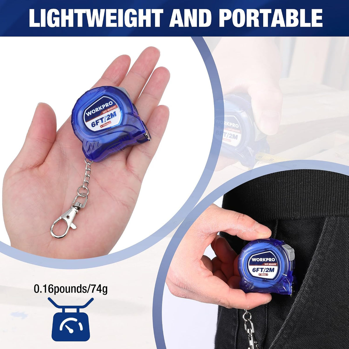Blue mini retractable tape measure keychain with chain; compact size held in a hand