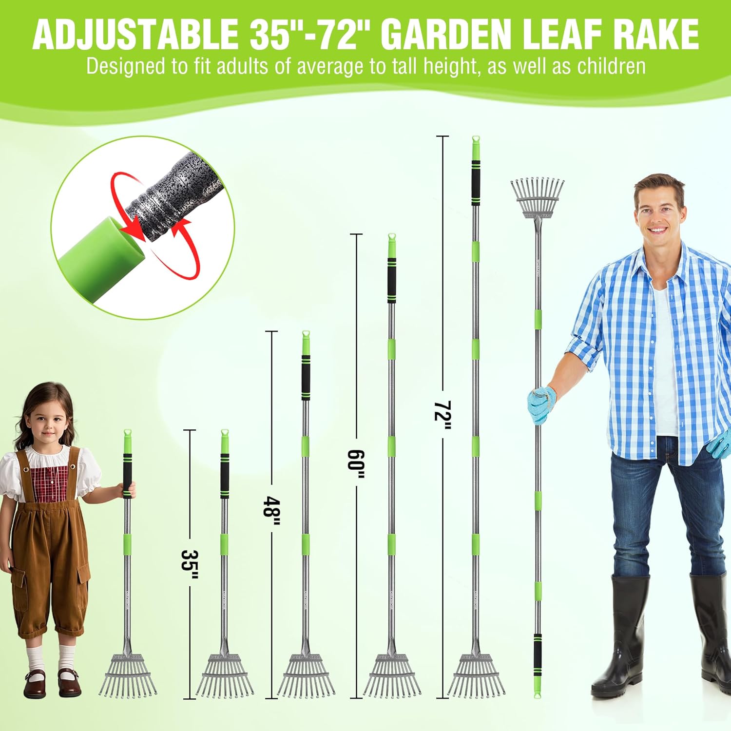 Adjustable garden leaf rake with long telescoping handle and steel tine rake heads.