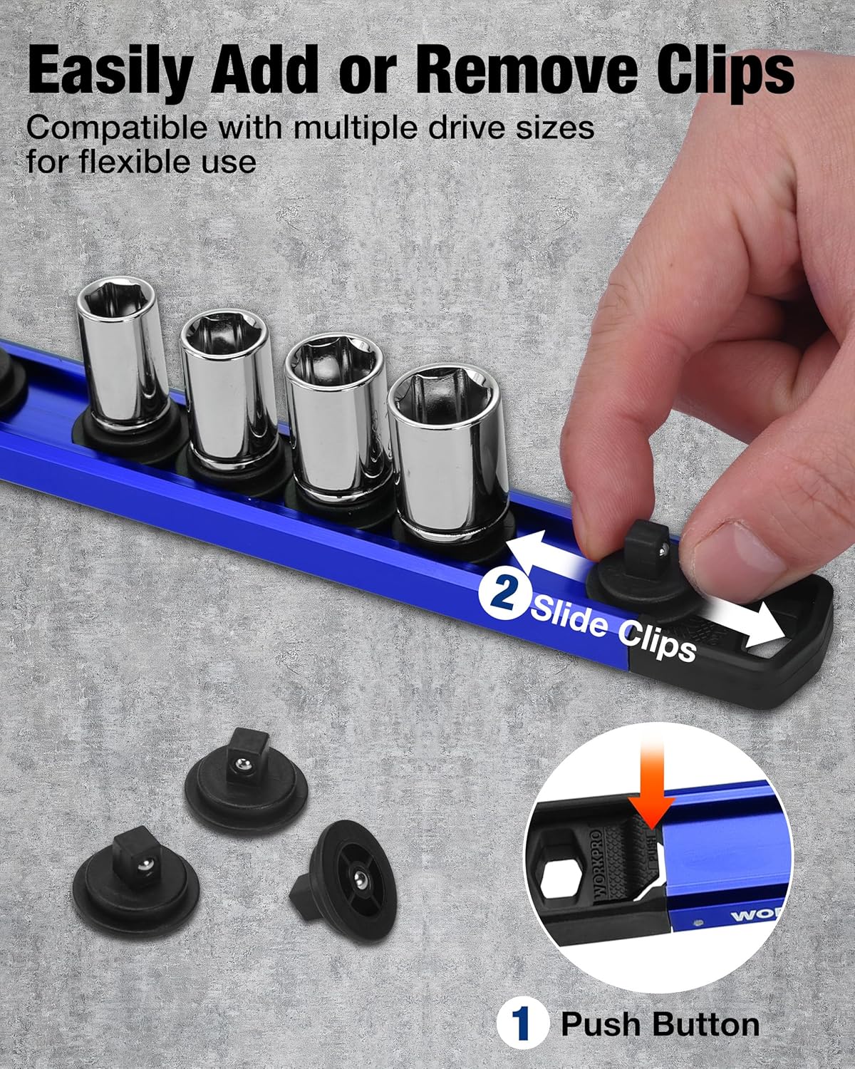 Magnetic socket organizer clips with push-button sliding release on black holders