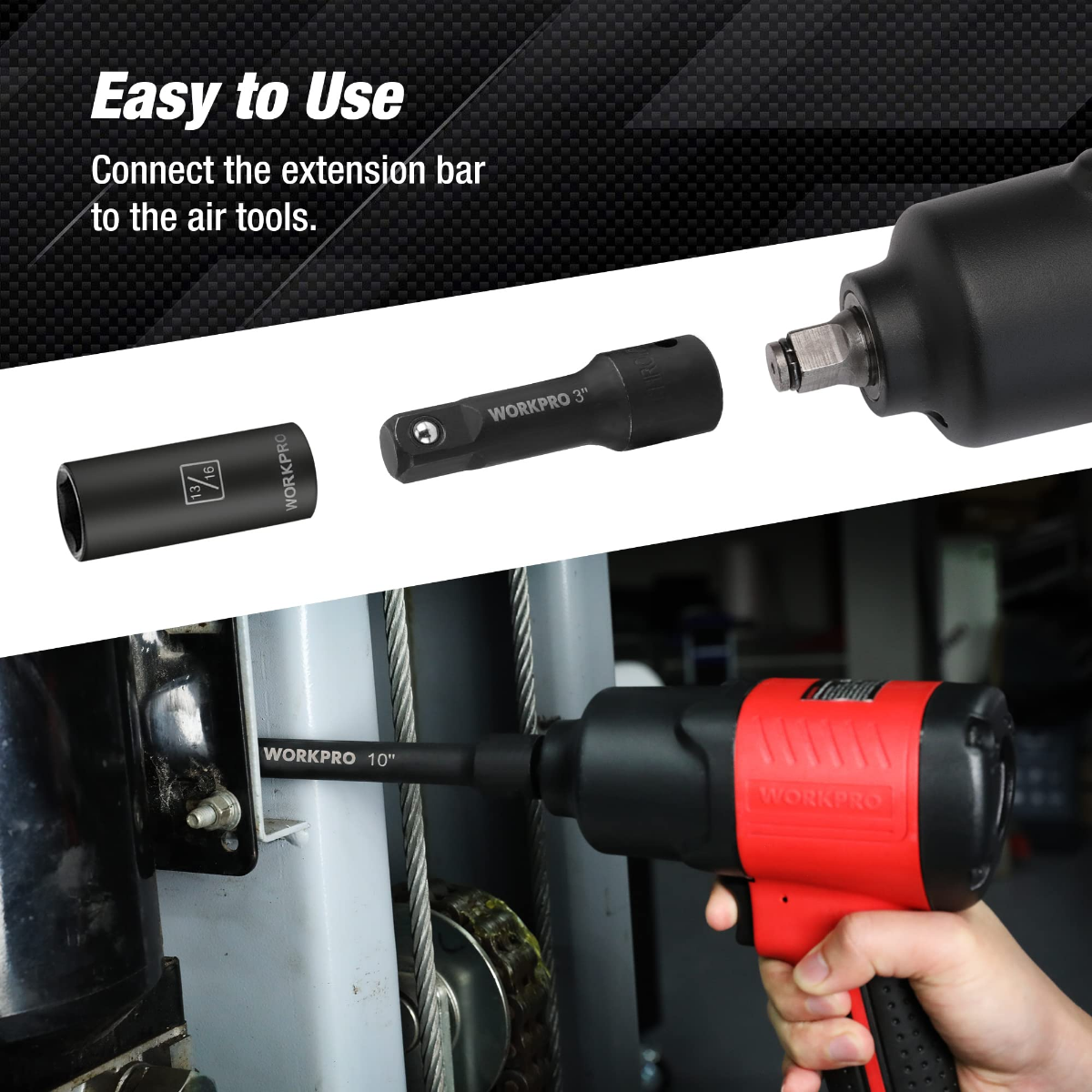 Impact driver extension bar connected to an air tool for power driving