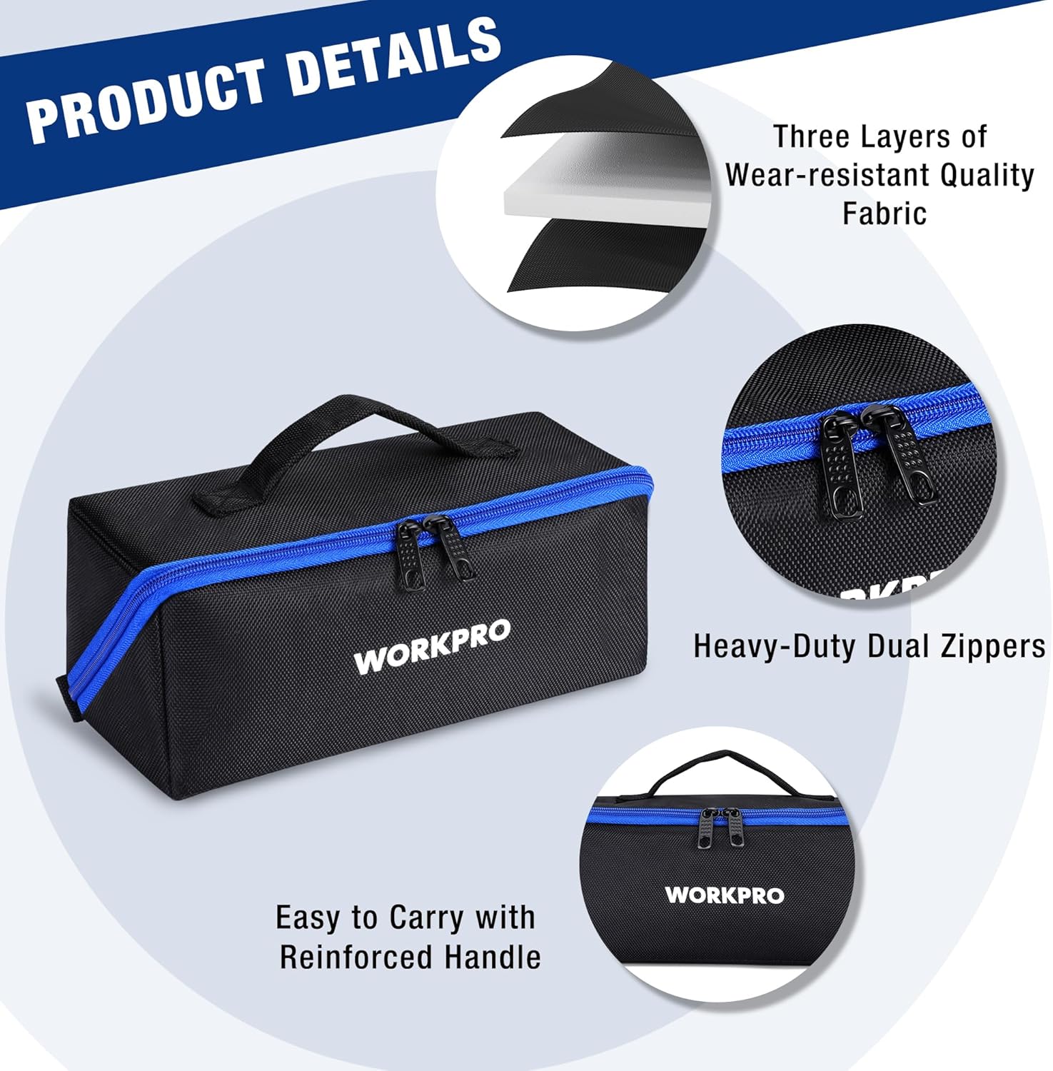 Black WORKPRO tool storage bag with blue edge trim and dual zipper pulls