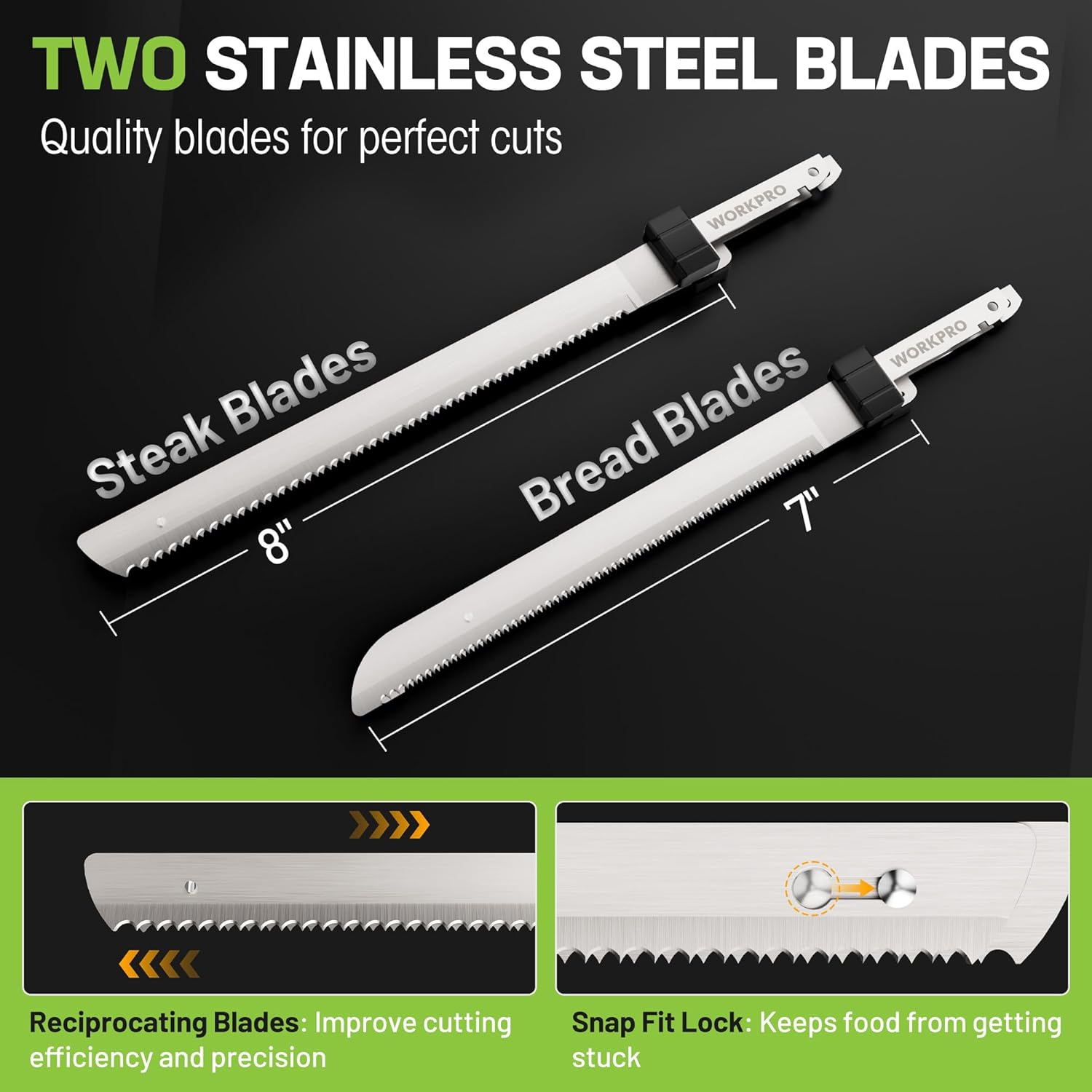 Cordless electric carving knife with two stainless steel blades: steak and bread