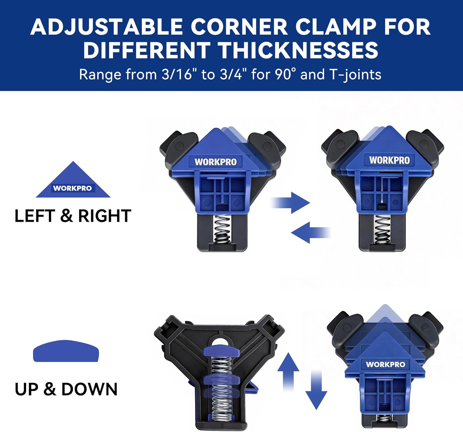 WORKPRO adjustable corner clamp showing left and right alignment with blue spring mechanism