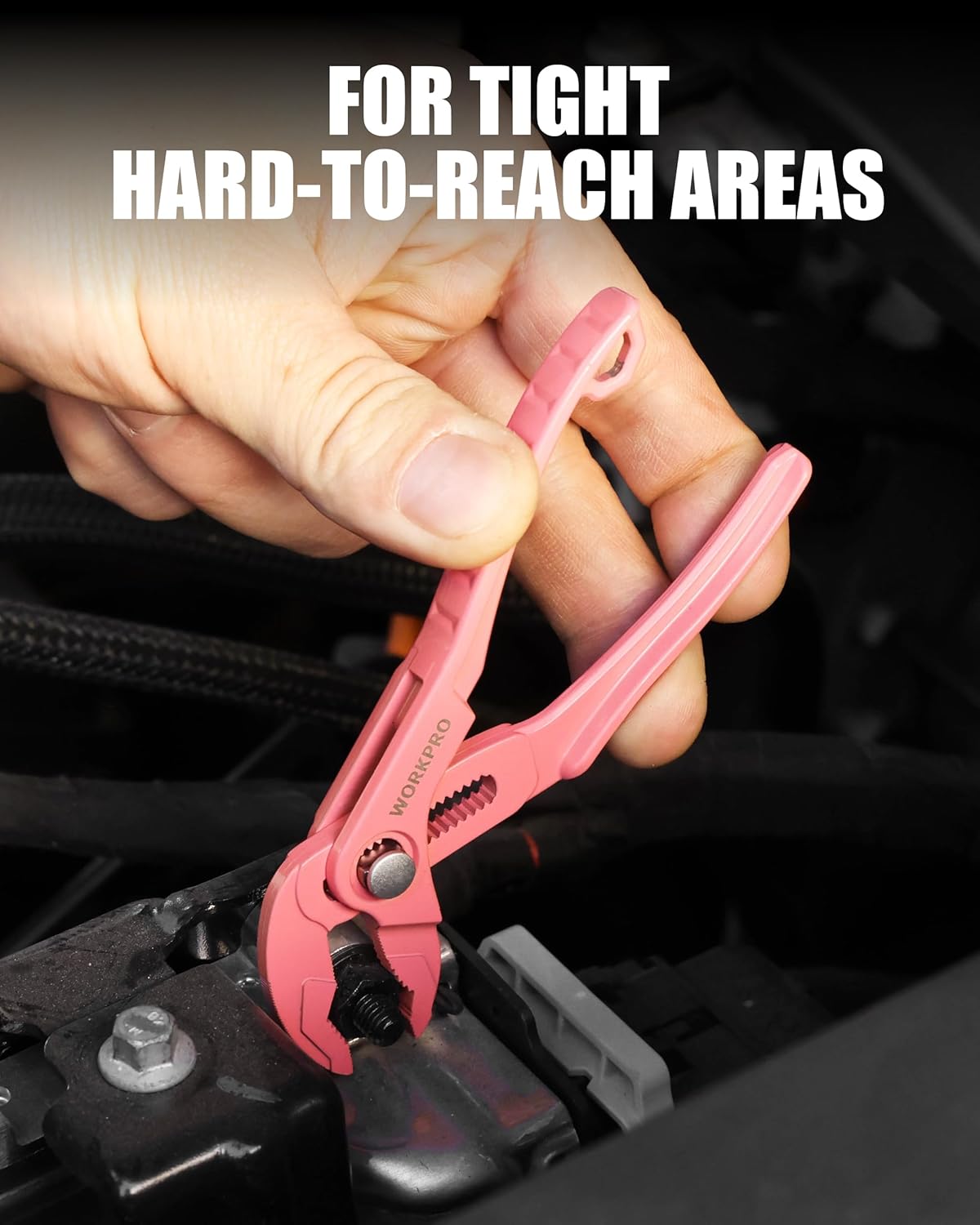Pink mini water pump pliers in hand with narrow jaws for tight access