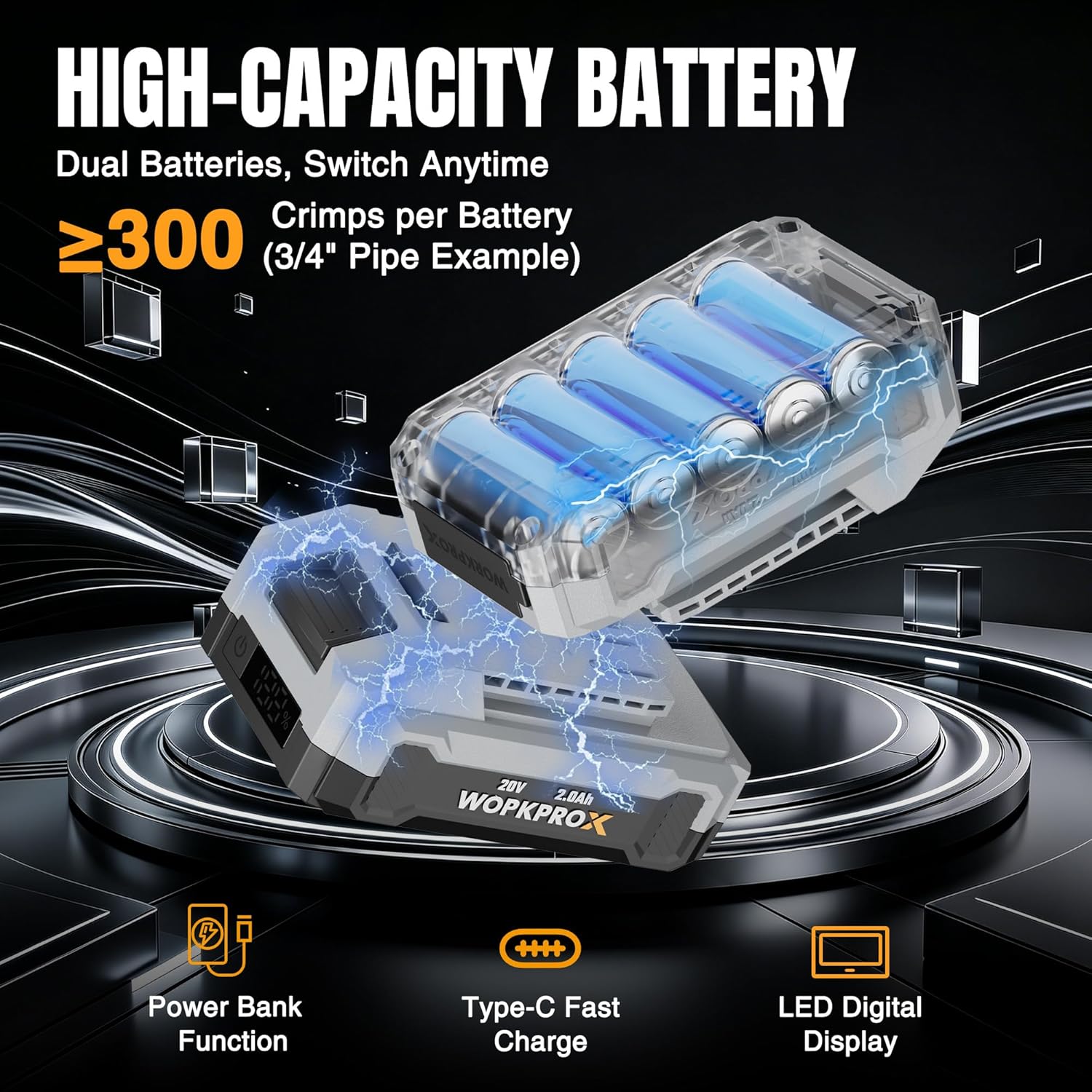 Cordless press tool with dual battery pack in clear housing and blue LED charging glow