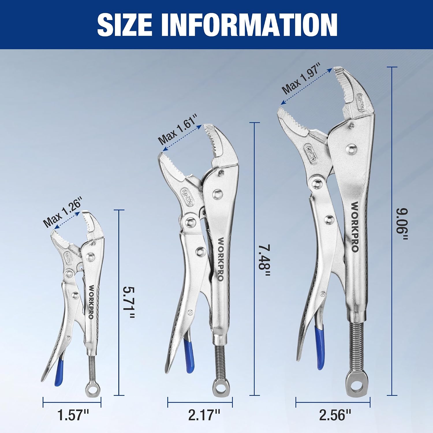 WORKPRO locking pliers size guide showing 1.57in, 5.7in, 7.48in, and 9.04in